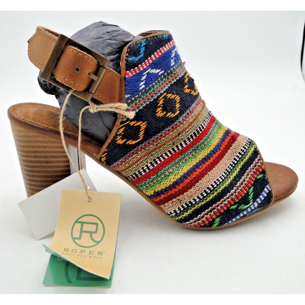 Roper Womens 6.5 Mika Aztec Tapestry Buckle Heel Sandal Slingback Leather New - Picture 5 of 16